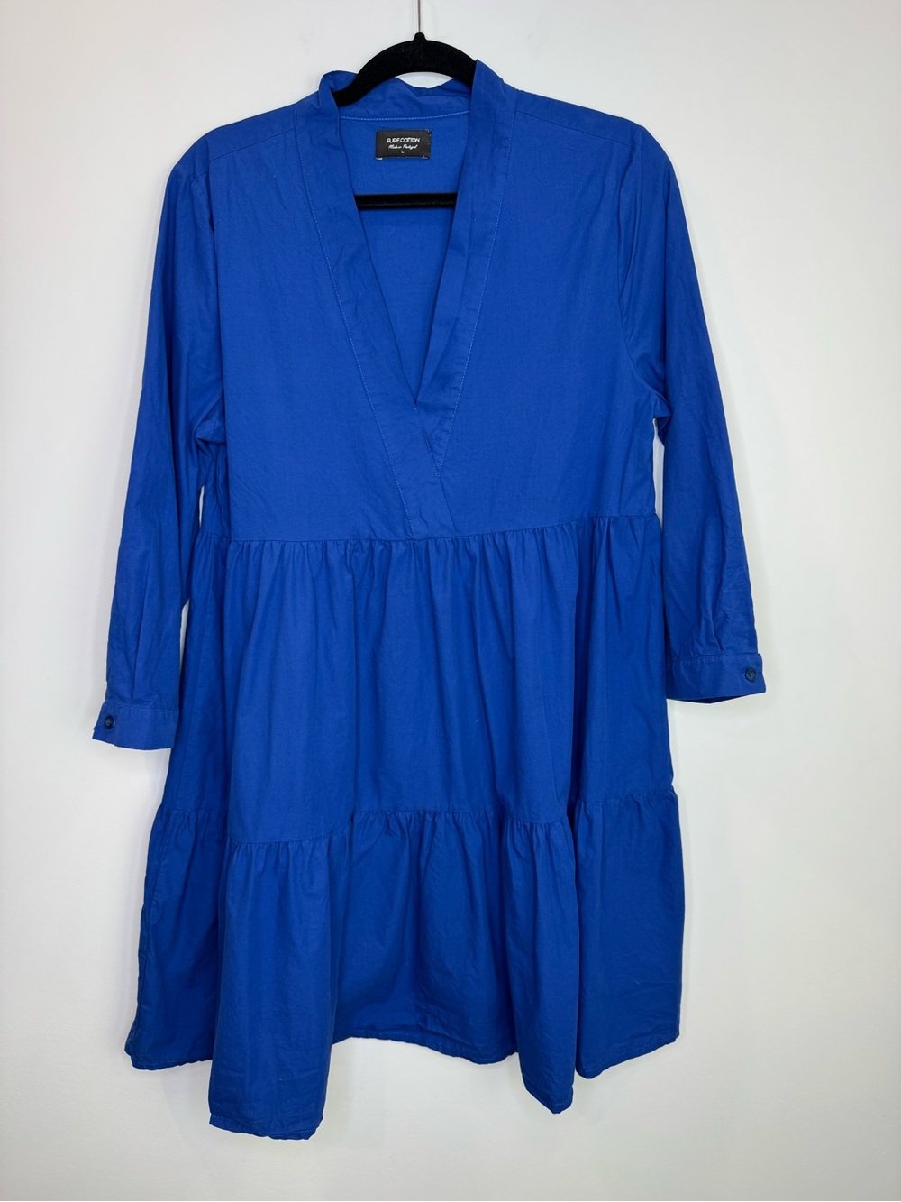 Pure cotton Portugal blue tiered babydoll v neck mini dress minimalist sz Large